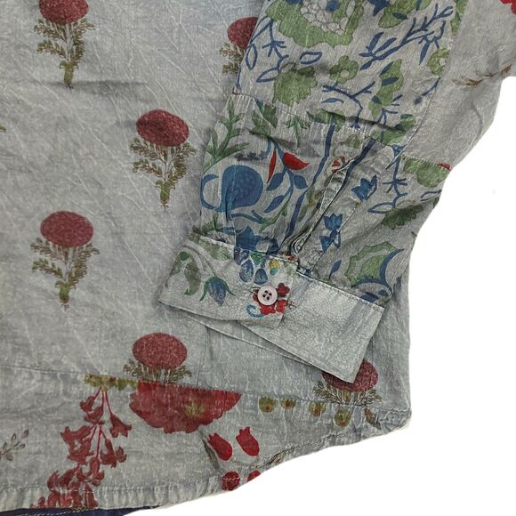 Vintage Goa Top Womens Large Gray Floral Roll Tan Sleeve Bohemian Lagenlook - Picture 4 of 12